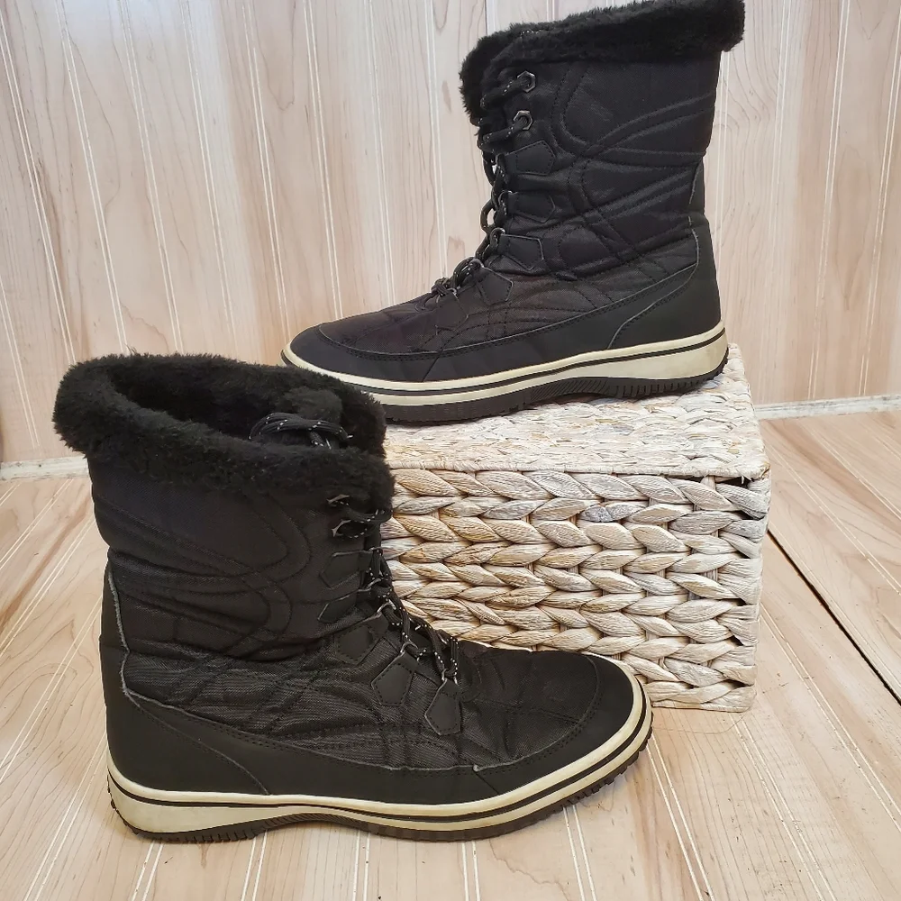 Camel Crown Black Fur Lined Snow Boots Winter Gorpcore Women's Size 9 Ski Apres